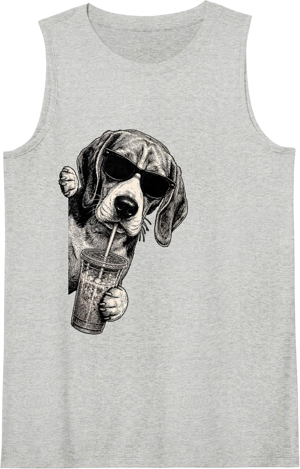 Beagle Dog Peeking Drinking Iced Coffee Humor Sleeveless Tank Top - Heather Grey