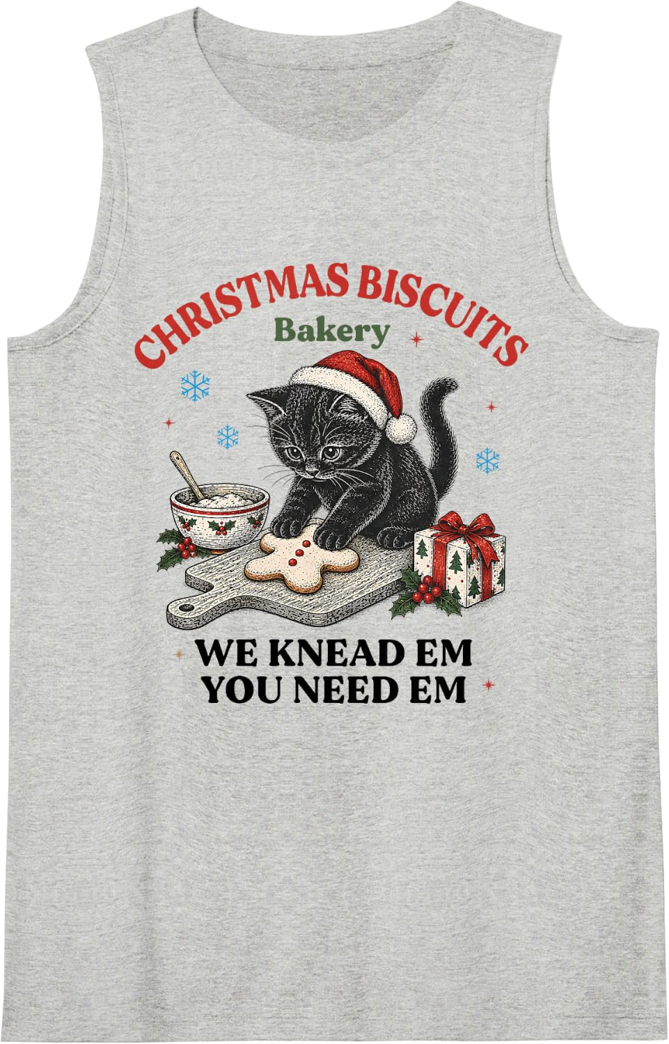Christmas Cat Kitty Biscuits Xmas Baking Gingerbread Cookie Sleeveless Tank Top - Heather Grey