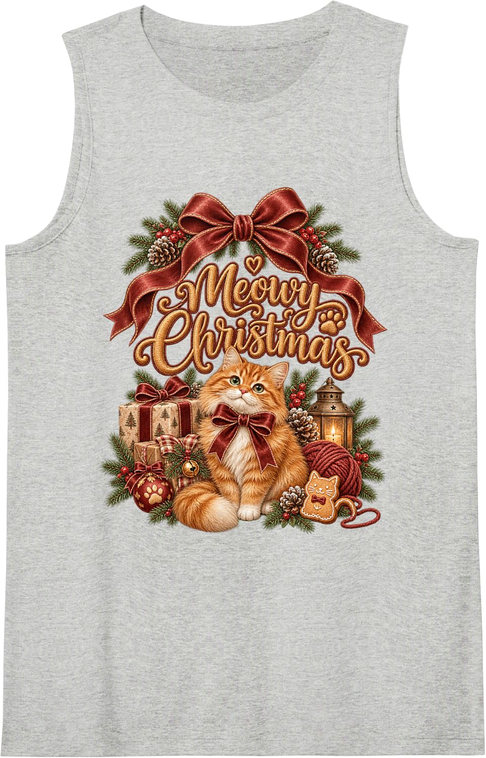 Christmas Gingerbread Orange Cat Cozy Bow Winter Kitty Cheer Sleeveless Tank Top - Heather Grey