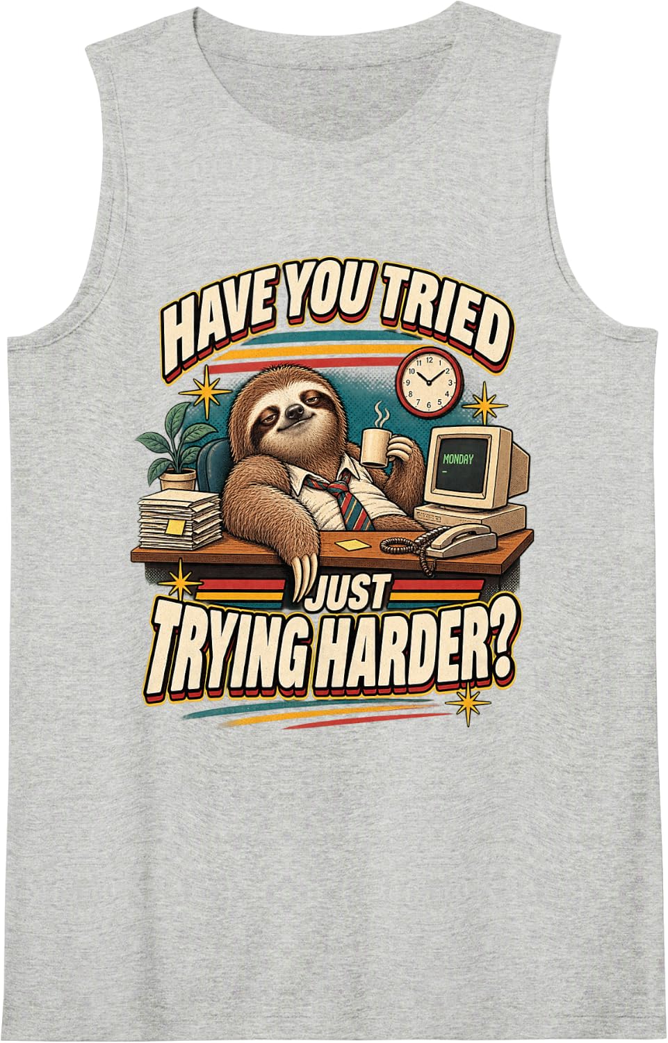 Funny Sloth Motivational Quote Office Humor Retro Style Tank Top - Heather Grey