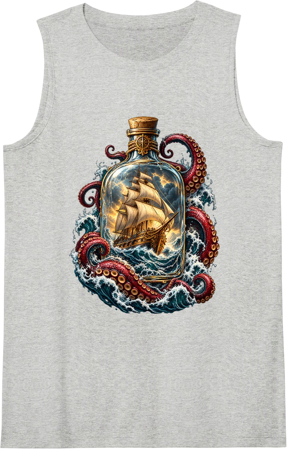 Kraken Octopus Ship in A Bottle Stormy Ocean Sailing Sleeveless Tank Top - Heather Grey