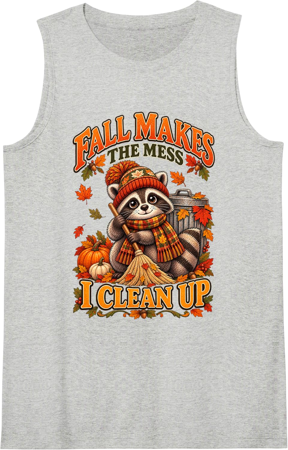 Whimsical Cozy Raccoon Janitor Fall Leaf Cleanup Sweeper Sleeveless Tank Top - Heather Grey