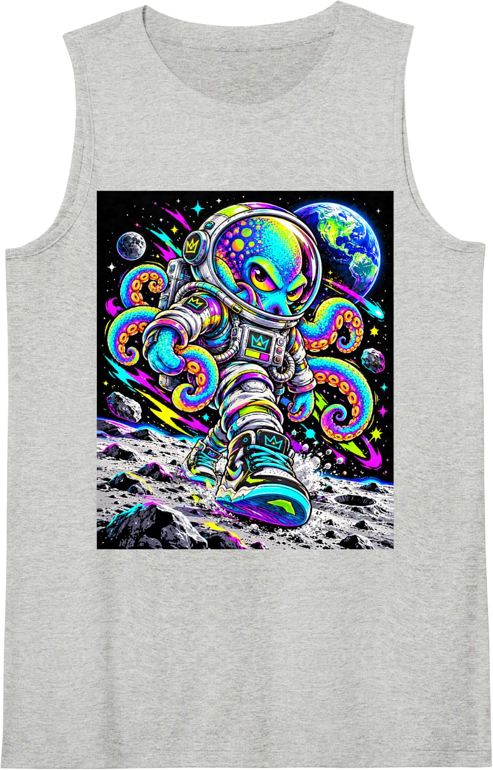 Astronaut Octopus Space Explorer Colorful Space Art Sleeveless Tank Top - Heather Grey