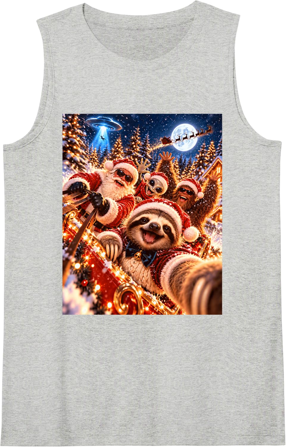 Delighted Sloth Santa Christmas Selfie UFO Graphic Sleeveless Tank Top - Heather Grey