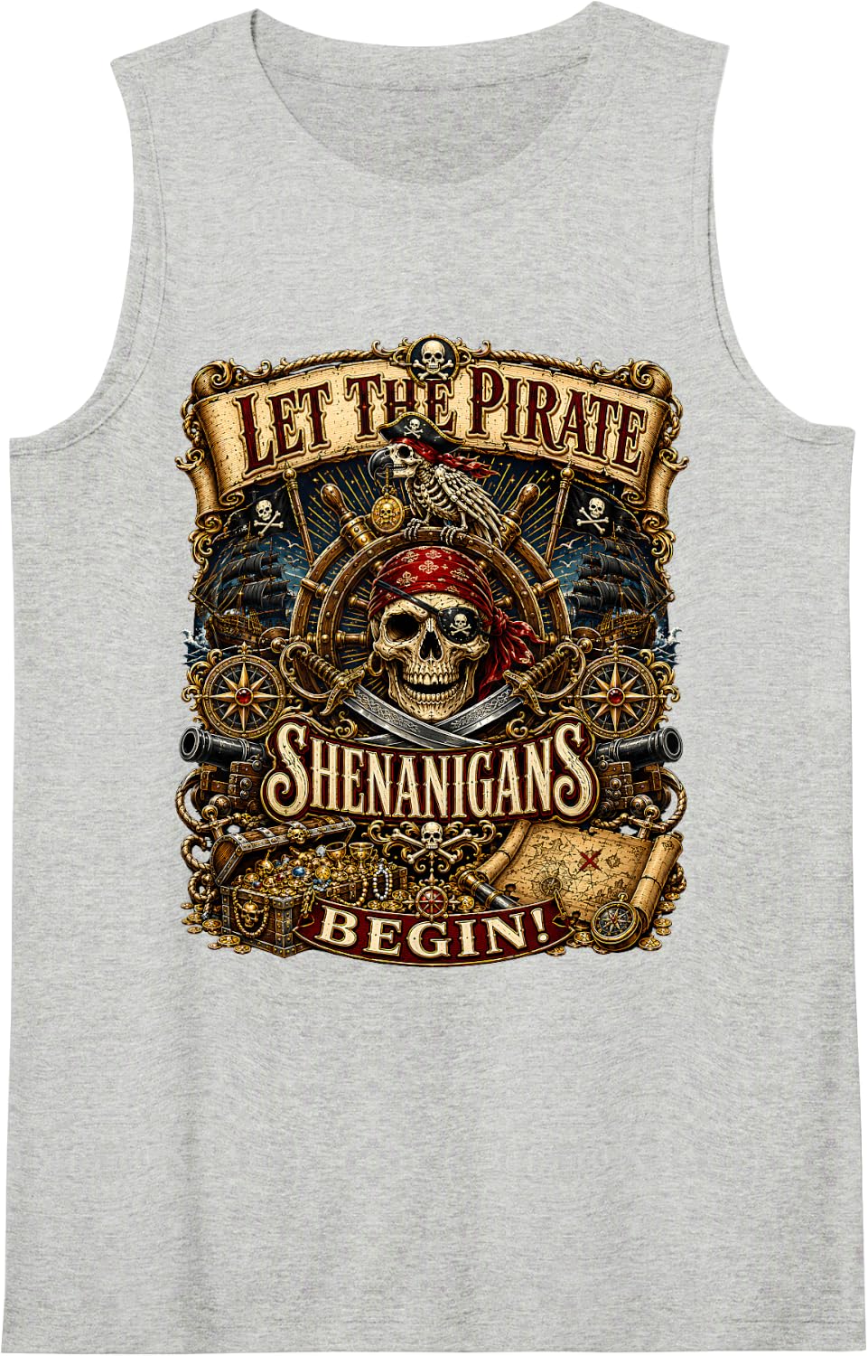 Let The Pirate Shenanigans Begin Halloween Skeleton Pirate Sleeveless Tank Top - Heather Grey