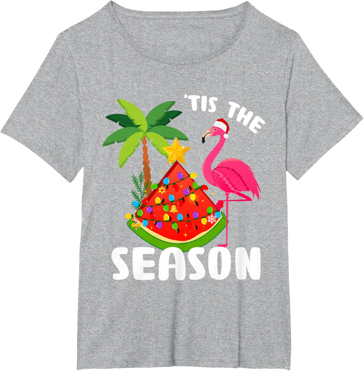 Tis The Season Christmas in July Watermelon Santa Flamingo T-Shirt - Heather Grey