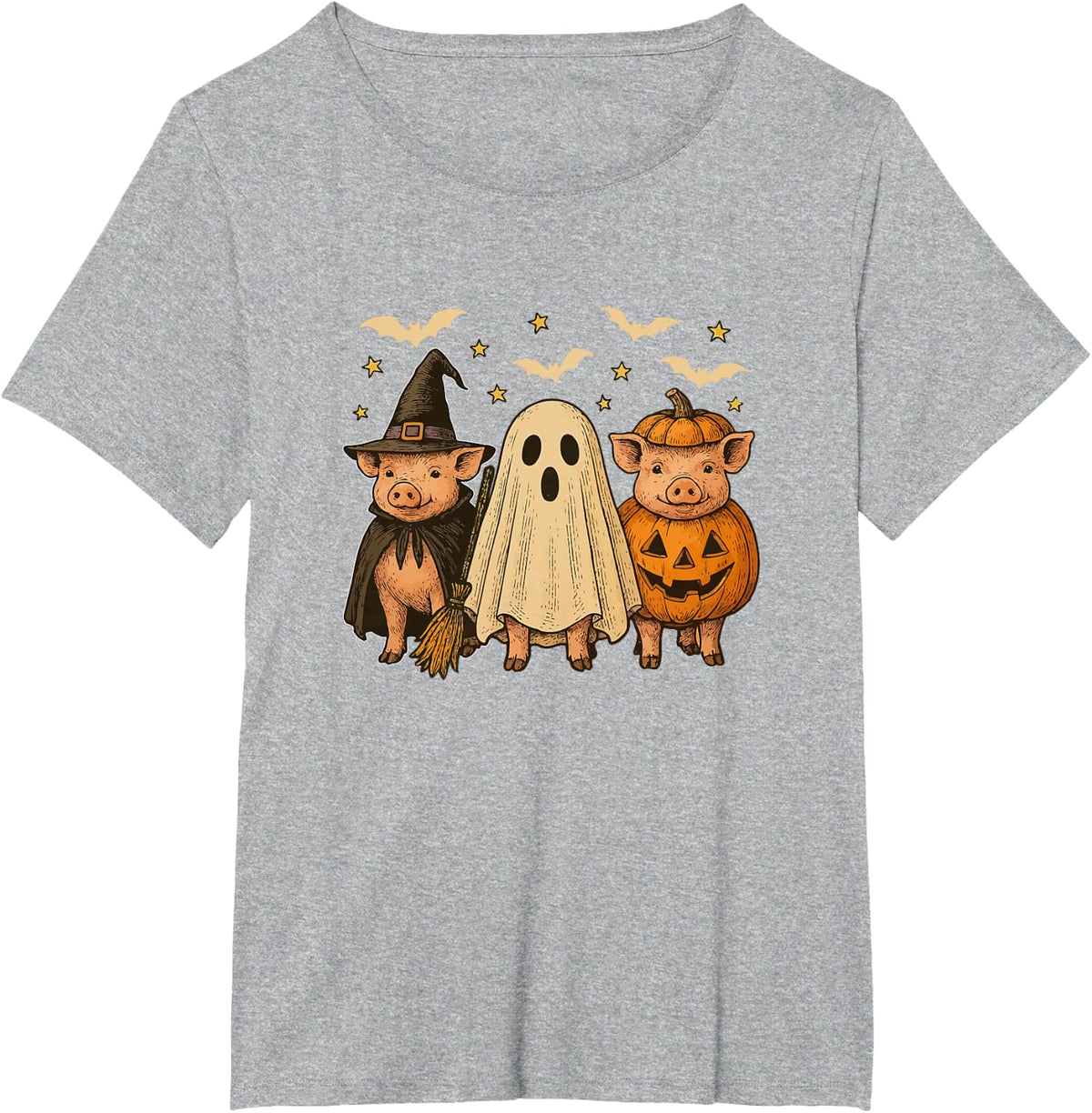 Three Halloween Pigs Cosplay Witch Boo Carved Pumpkin T-Shirt - Heather Grey