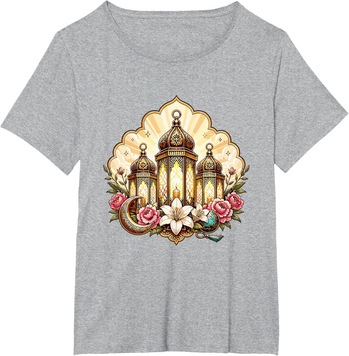 Ramadan Kareem Islamic Lantern Crescent Florals T-Shirt - Heather Grey