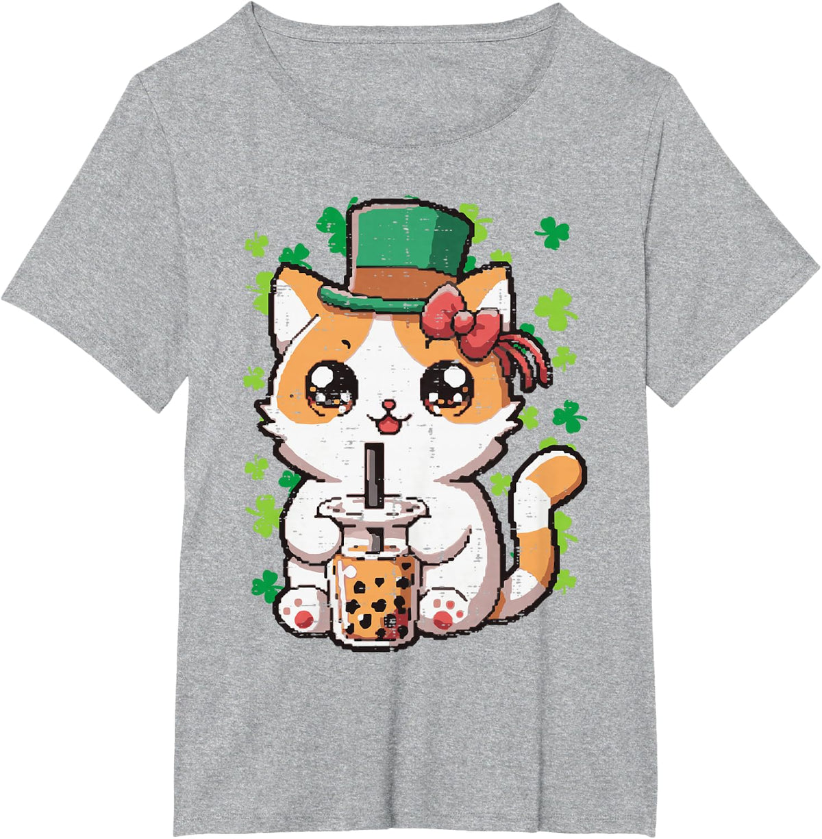 St Patricks Day Cat Boba Tea Irish Kawaii Japanese Women Kid T-Shirt - Heather Grey