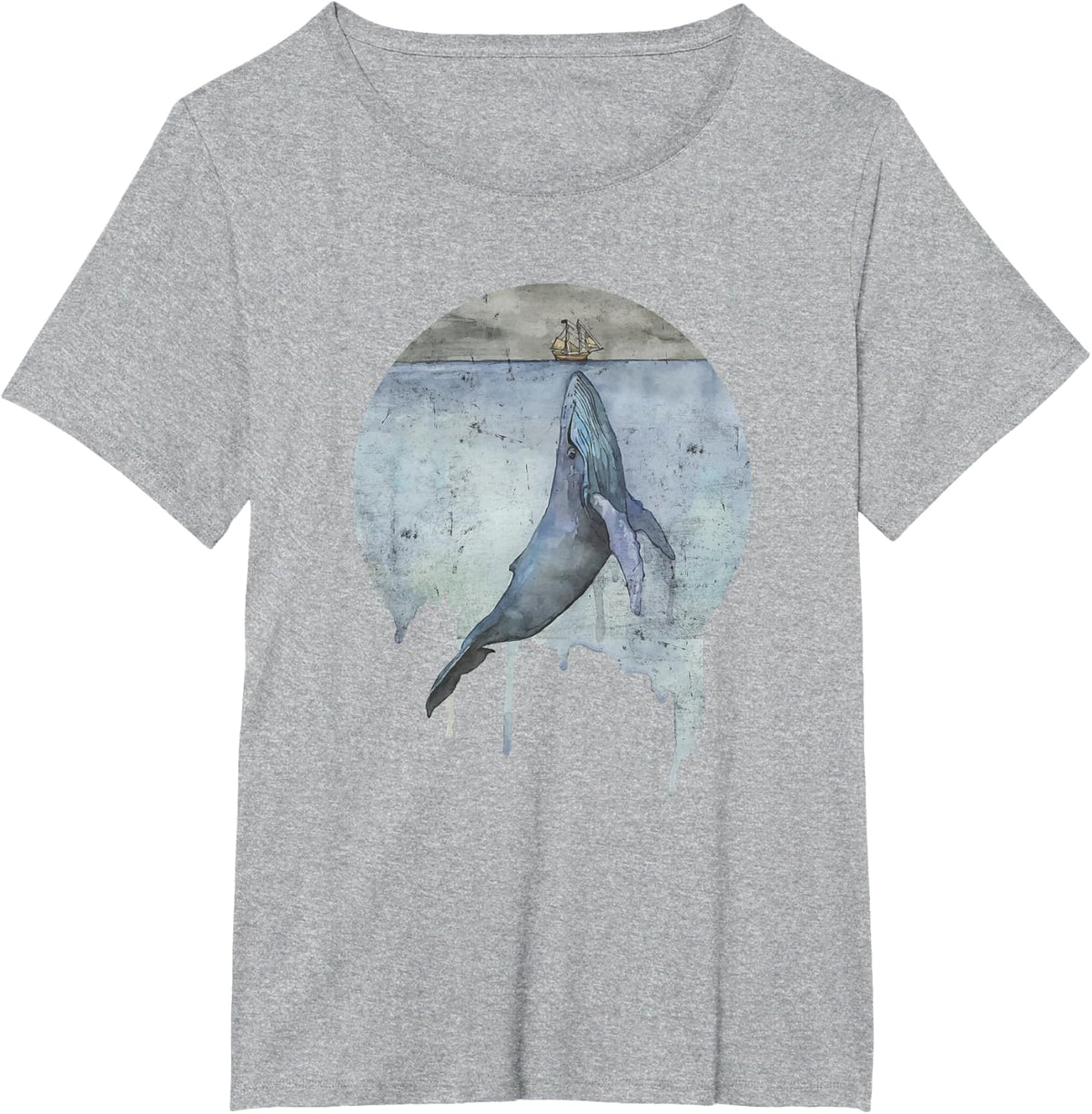 Humpback Whale Ship At Sea Ocean Tees Distressed Watercolor T Shirts - Heather Grey