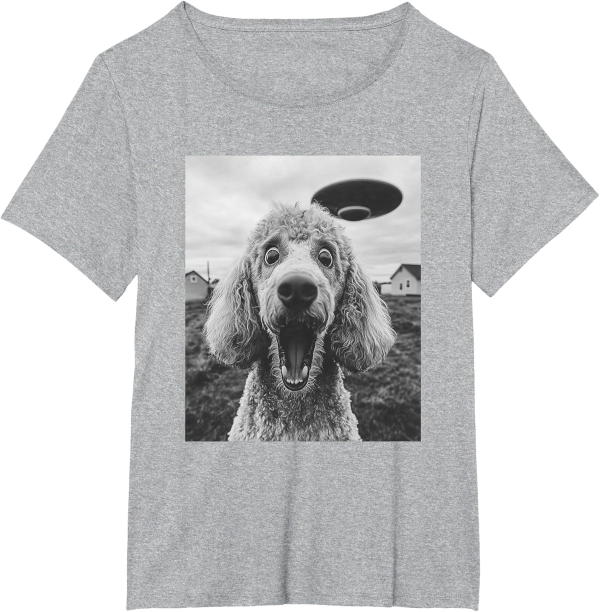 Poodle with UFO Graphic T-Shirt – Funny Dog Graphic Tee T-Shirt - Heather Grey