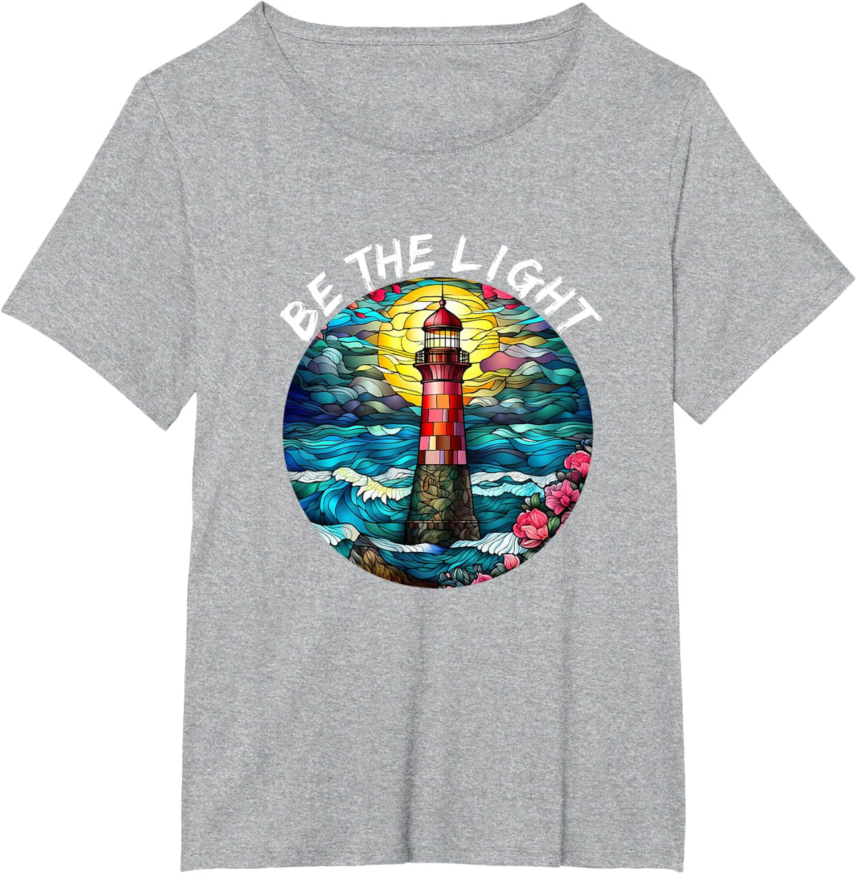 Be The Light Stained Glass Lighthouse Motivational Quote T-Shirt - Heather Grey