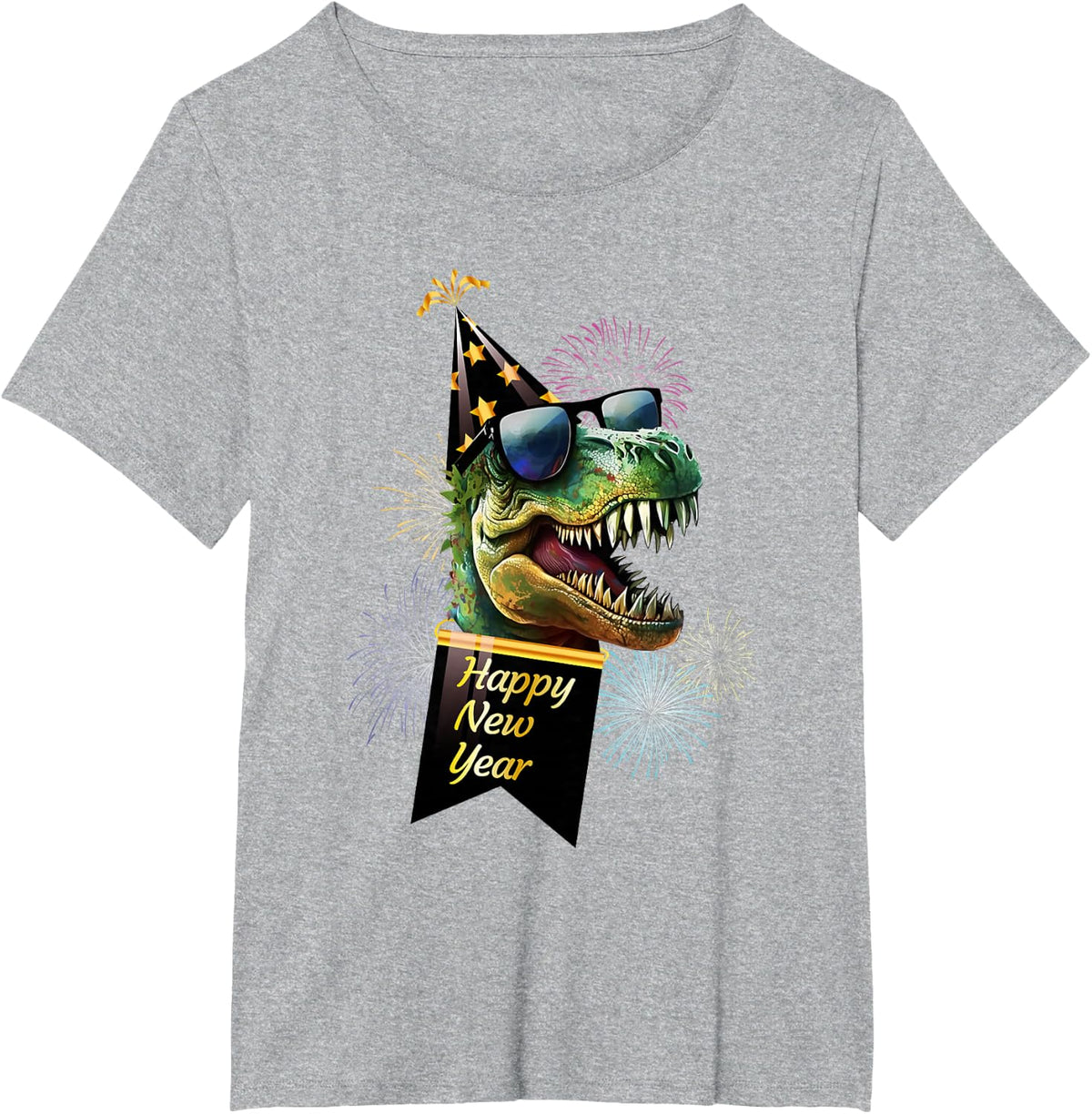 Happy New Year Dinosaur T Rex Sunglasses Fireworks NYE Party T-Shirt - Heather Grey