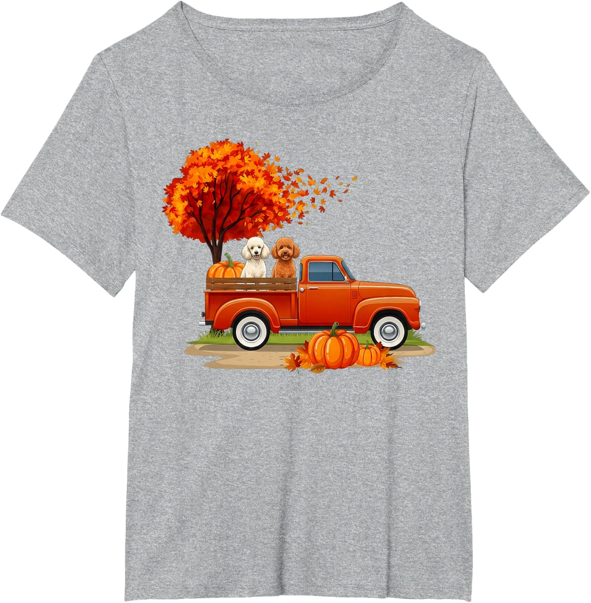 Miniature Poodle Dog Truck Pumpkin Autumn Fall Thanksgiving T-Shirt - Heather Grey