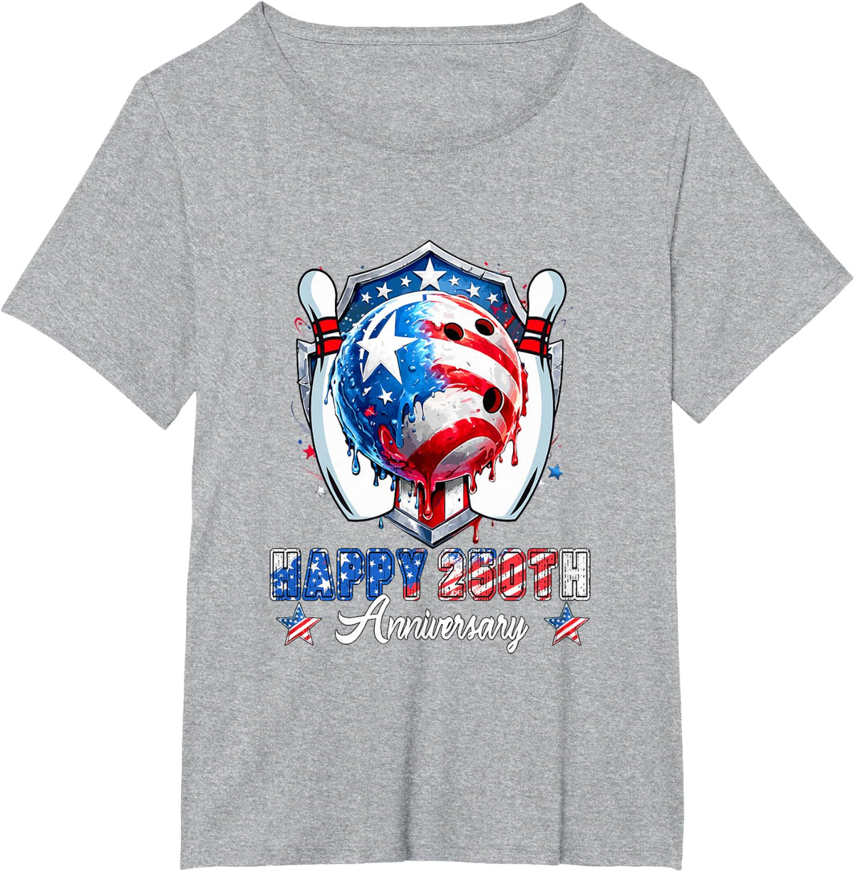 Happy 250th Anniversary 4th July Dripped Costume Bowling T-Shirt - Heather Grey