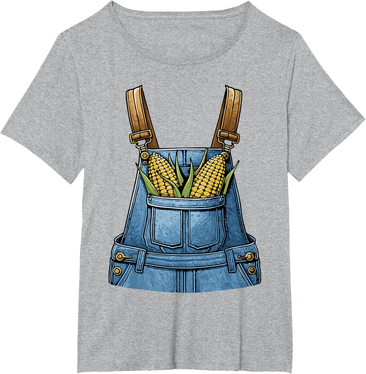 Corn Pocket Fake Denim Overalls Farmer Costume T-Shirt - Heather Grey