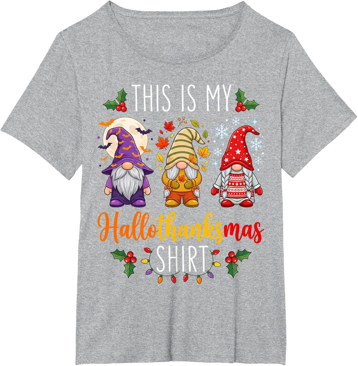 Halloween Thanksgiving Christmas Funny HalloThankMas Gnomes T-Shirt - Heather Grey