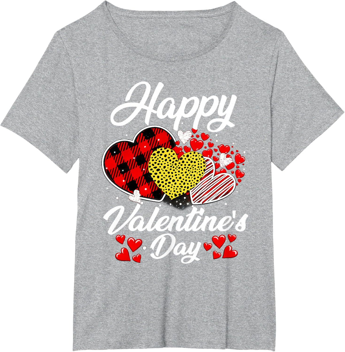 Happy Valentine's Day Hearts with Leopard Plaid Valentine T-Shirt - Heather Grey