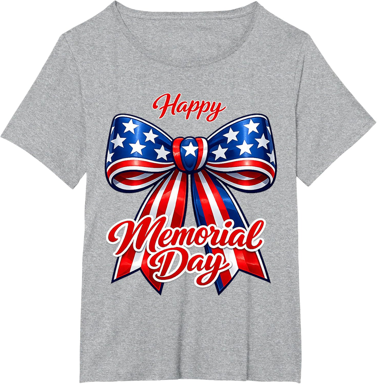Patriotic Happy Memorial Day Shirt, American Flag Ribbon Bow T-Shirt - Heather Grey