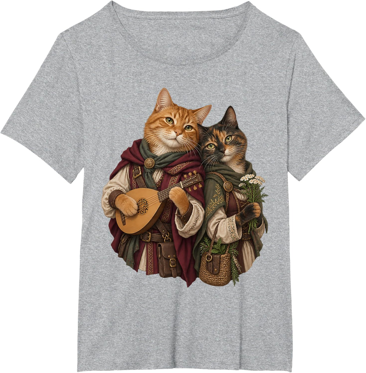 Bard and Herbalist Cats Medieval Fantasy RPG Duo T-Shirt - Heather Grey