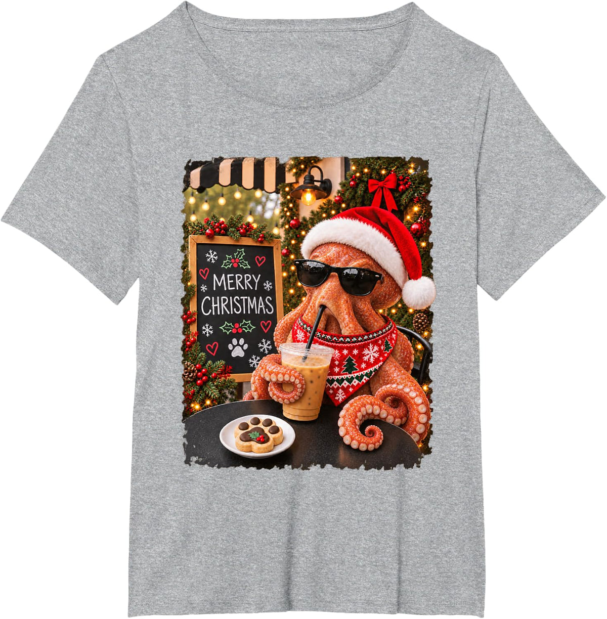 Merry Christmas Chill Octopus Coffee Santa Hat Holiday T-Shirt - Heather Grey