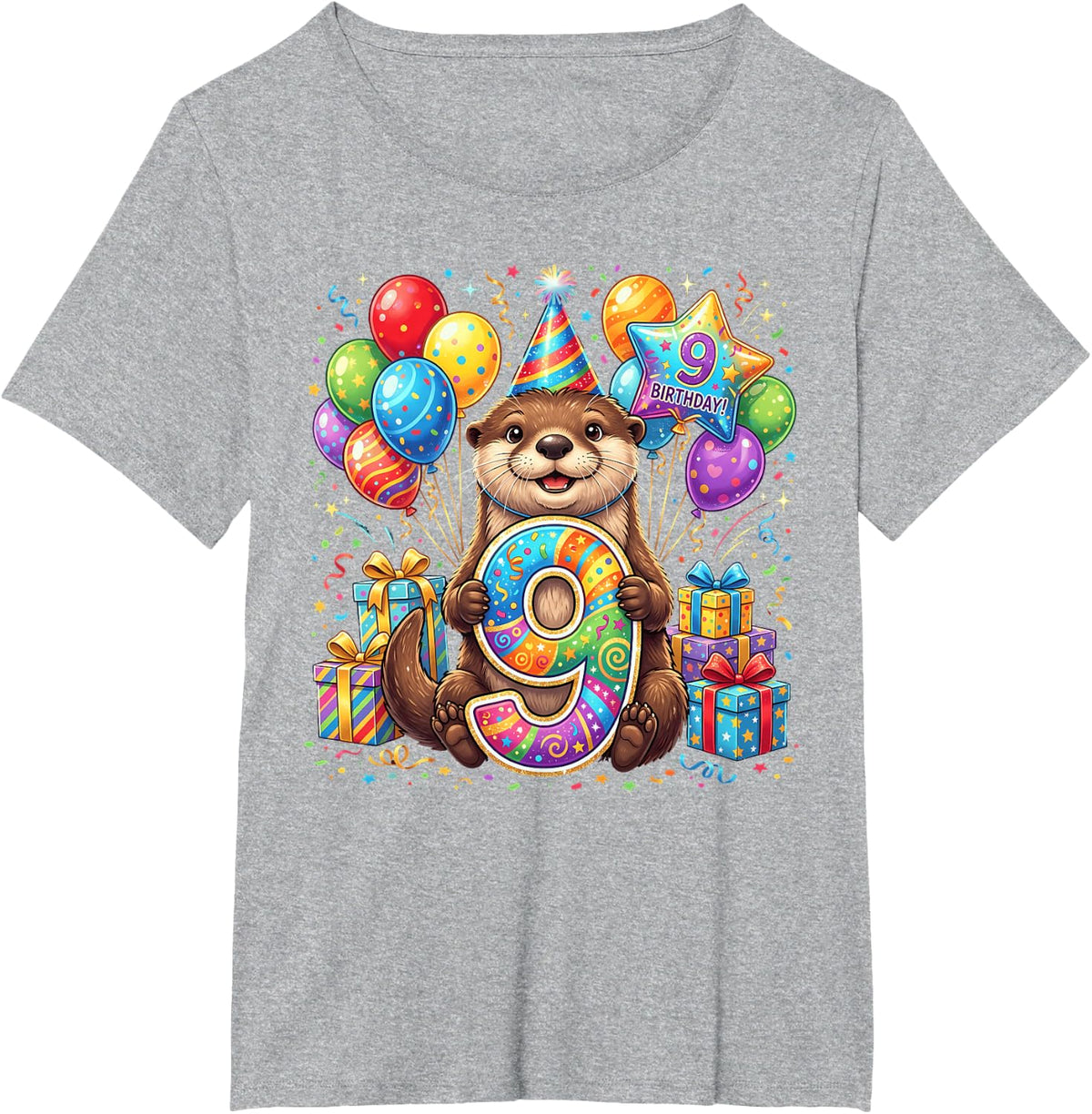 Otter 9th Birthday 9 Years Old T-Shirt - Heather Grey