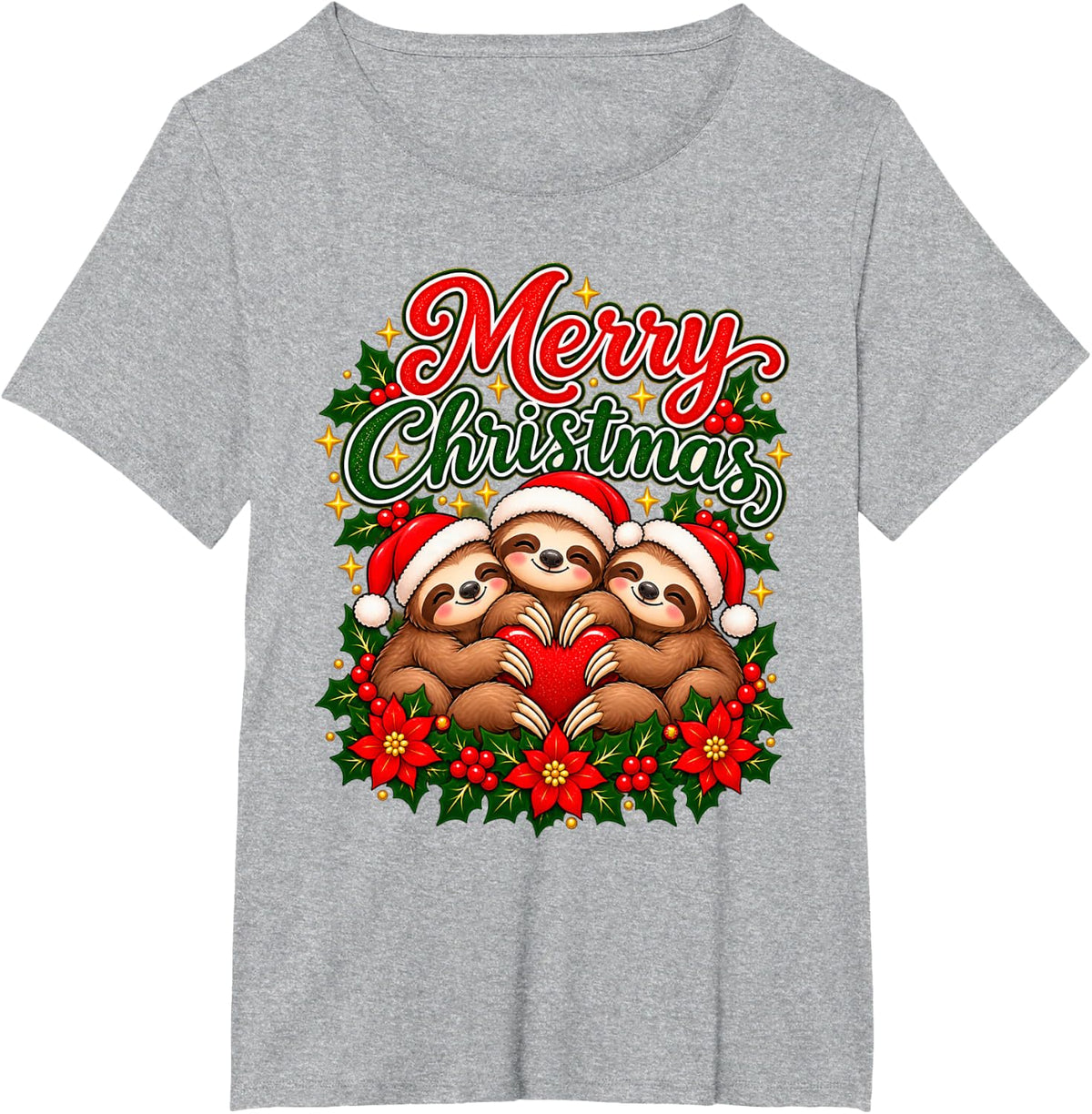 Merry Christmas Sloth Joyful Holiday Heart Men Women T-Shirt - Heather Grey