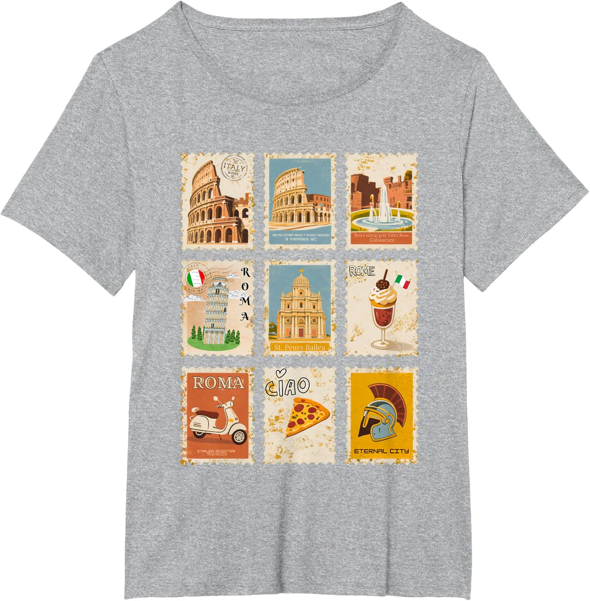 Italian Heritage Rome Landmarks Retro Vintage Stamps T-Shirt - Heather Grey