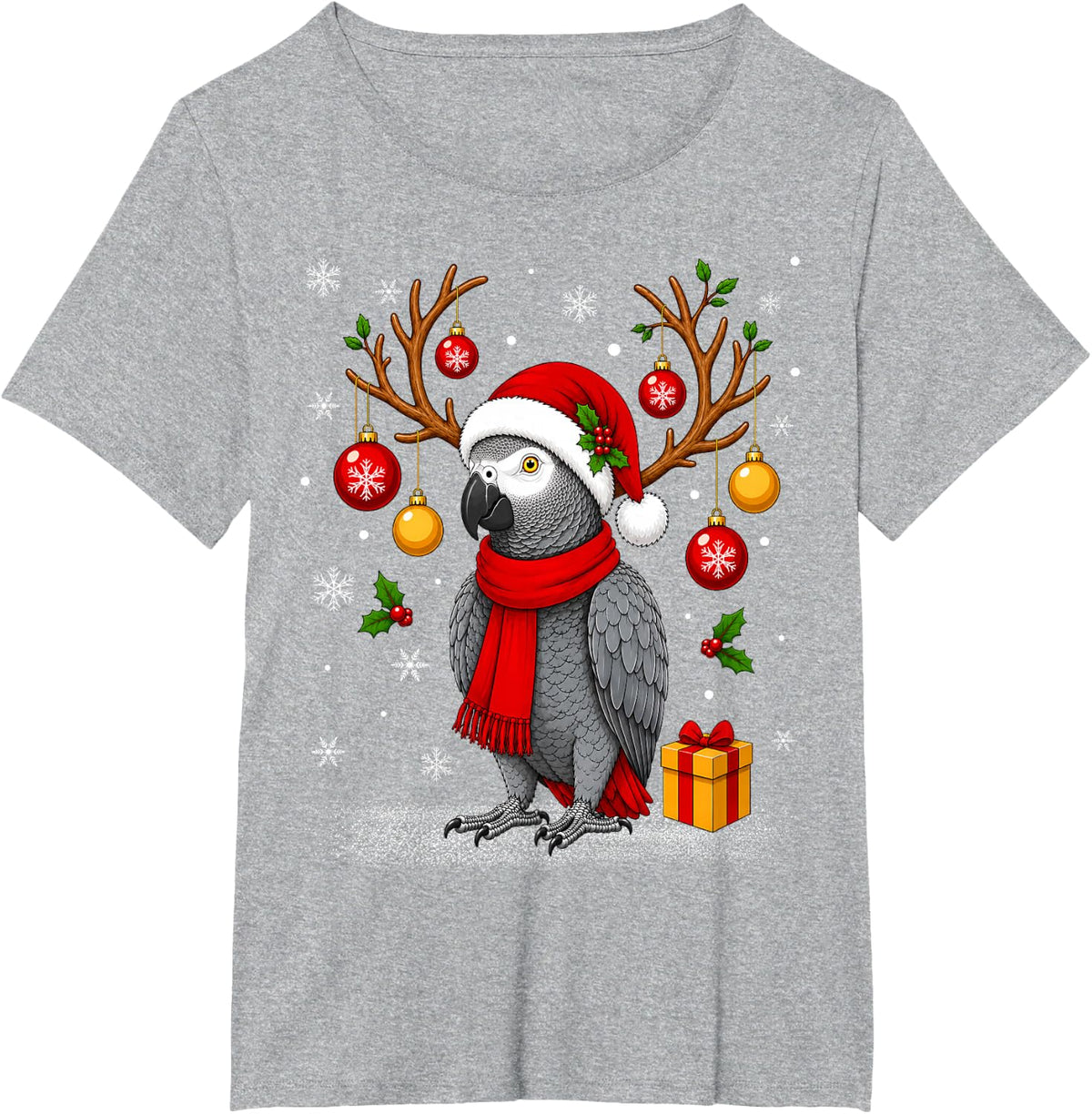 Cute Grey Parrot Santa Hat Christmas T-Shirt - Heather Grey
