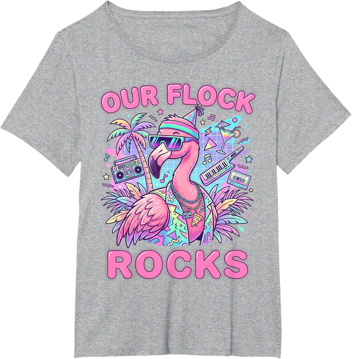 Our Flock Rocks Matching Family Summer Vacation Flamingo T-Shirt - Heather Grey