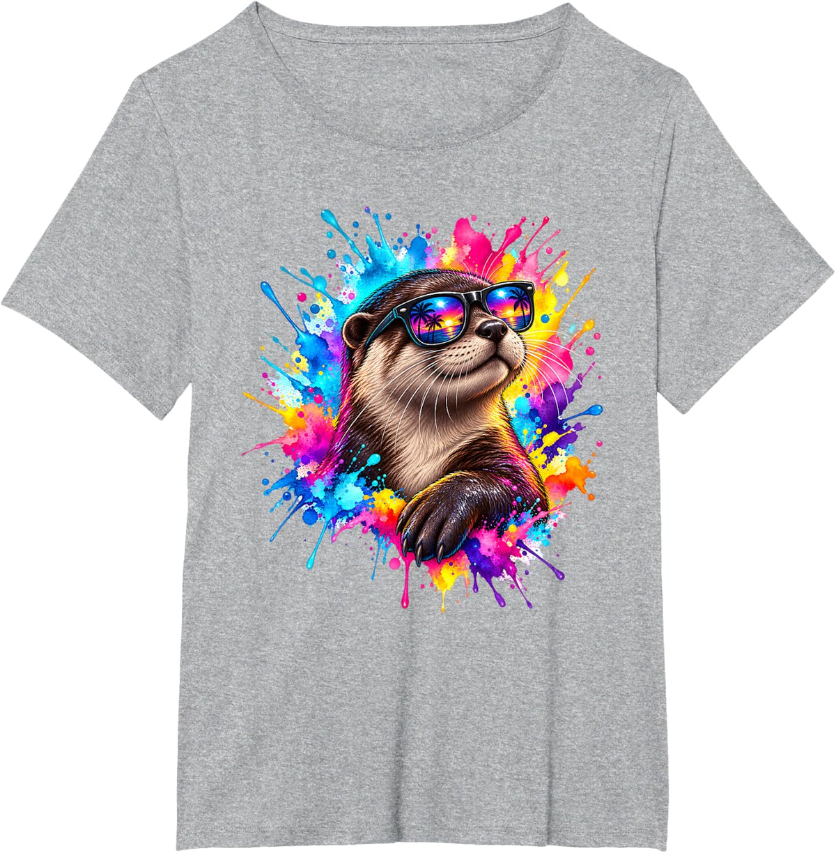 Colorful Otter Splash Art Sunglasses Wildlife T-Shirt - Heather Grey