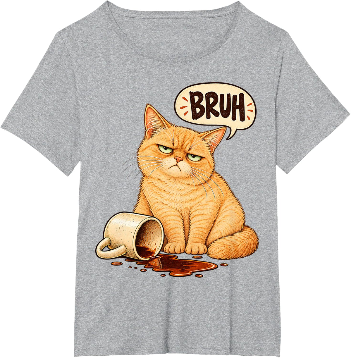 Sleepy Ginger Cat Spilled Coffee Funny Animal Art T-Shirt - Heather Grey