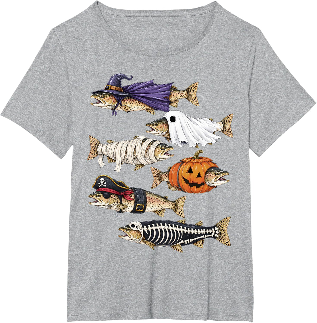 Halloween Trout Fishing Ghost Pumpkin Skeleton Mummy Fish T-Shirt - Heather Grey