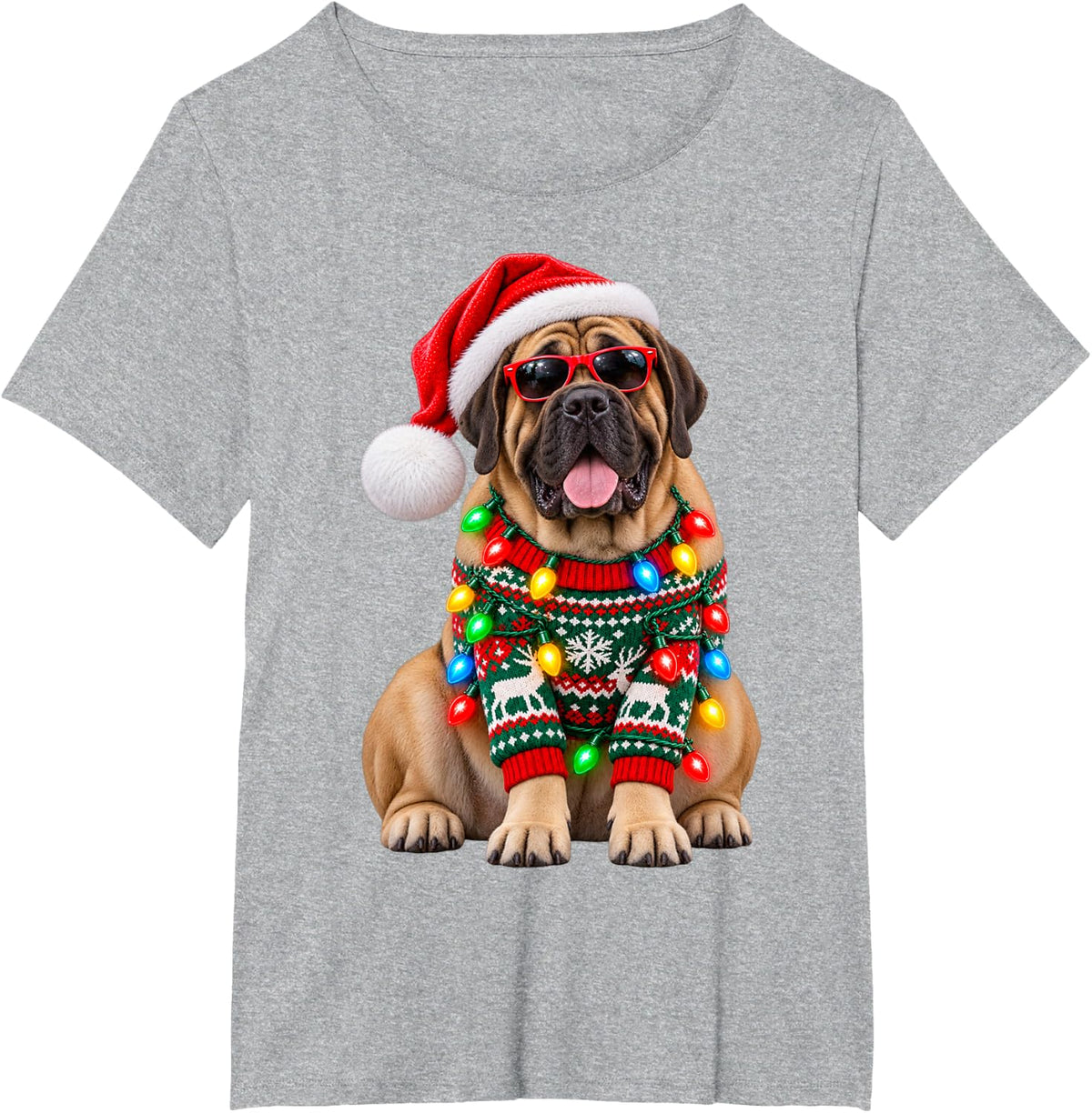 Mastiff Christmas Lights Santa Hat Sunglasses T-Shirt - Heather Grey