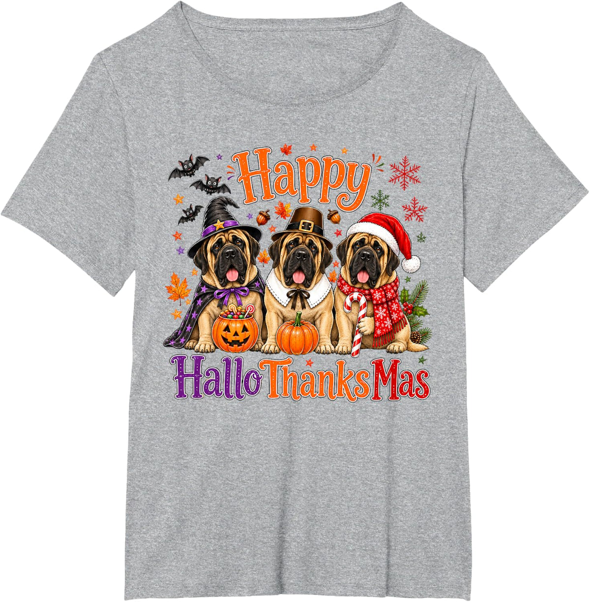 Mastiff Happy Hallothanksmas Halloween Thanksgiving Xmas T-Shirt - Heather Grey