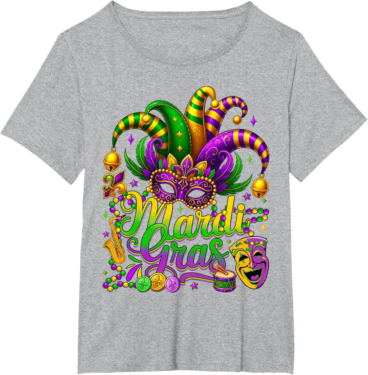 Mardi Gras Carnival Jester Hat Mask Beads Men Women Kids T-Shirt - Heather Grey