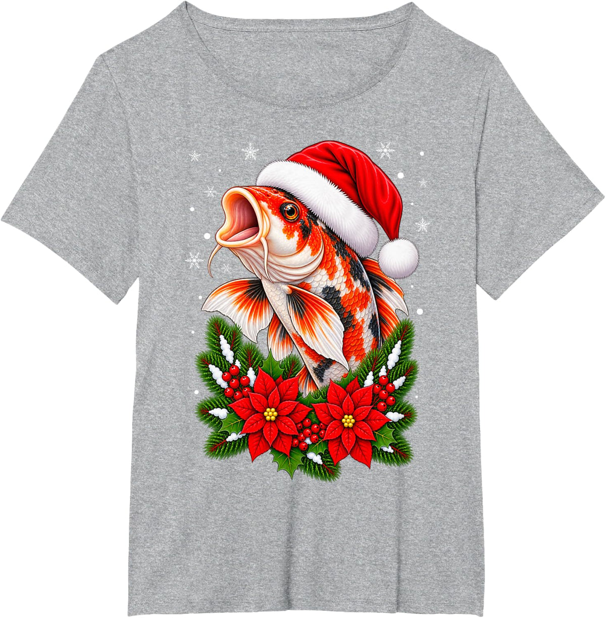 Festive Floral Santa Hat Koi Fish Christmas T-Shirt - Heather Grey