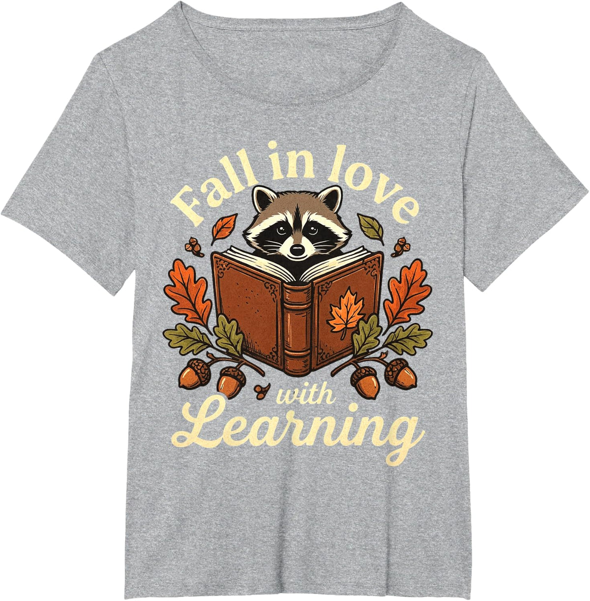 Fall in Love with Learning Autumn Raccoon Teacher T-Shirt - Heather Grey