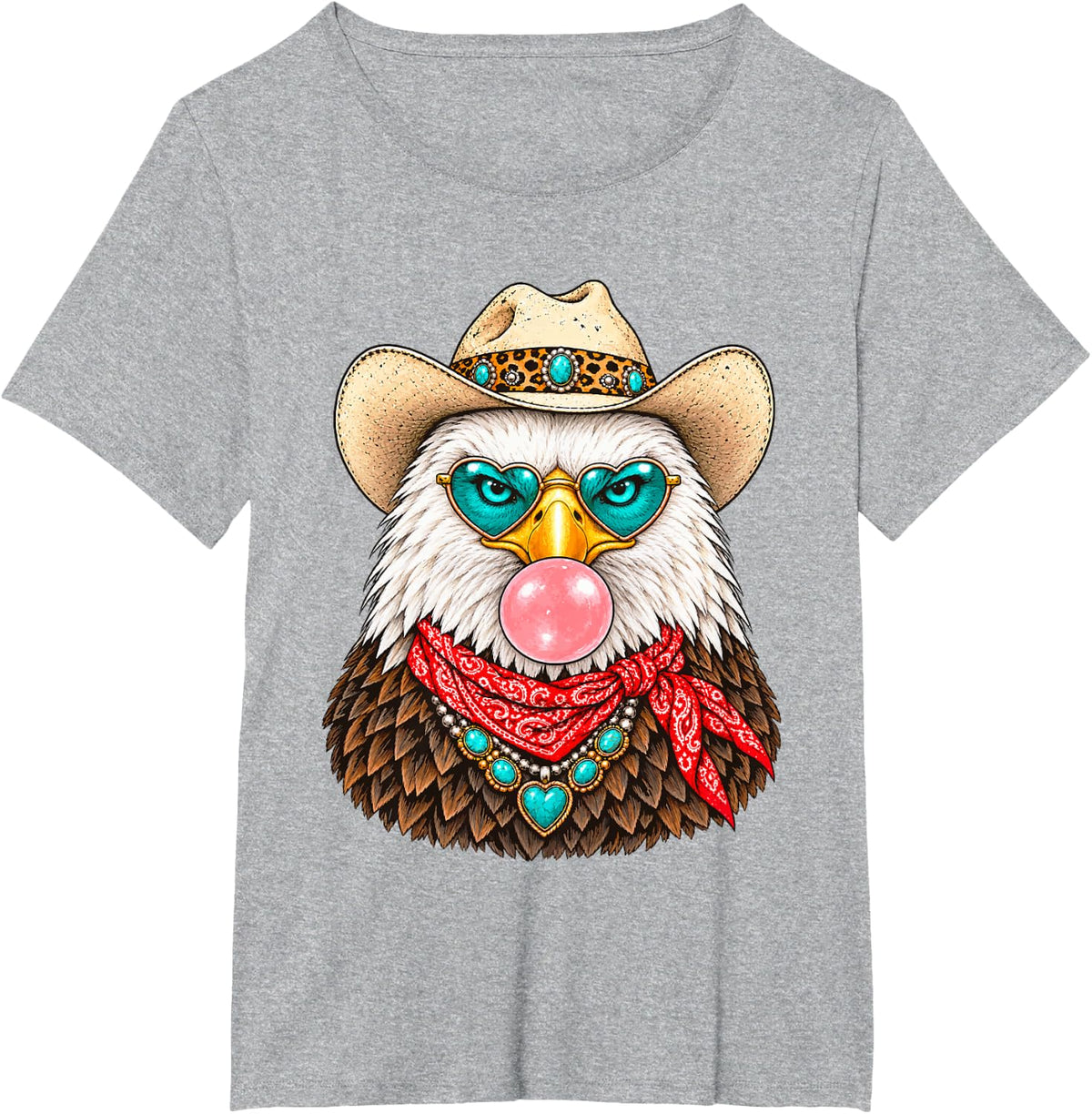 Glam Bald Eagle with Cowboy Hat and Bubblegum Western Animal T-Shirt - Heather Grey