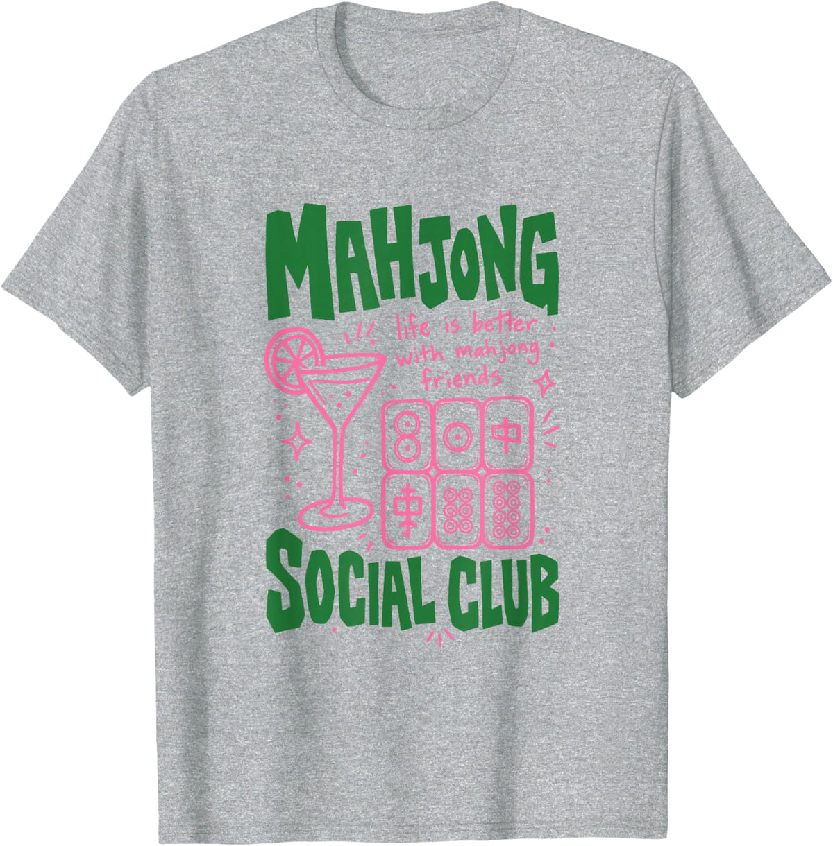 Mahjong Social Club Mahj Pink and Green T-Shirt - Heather Grey