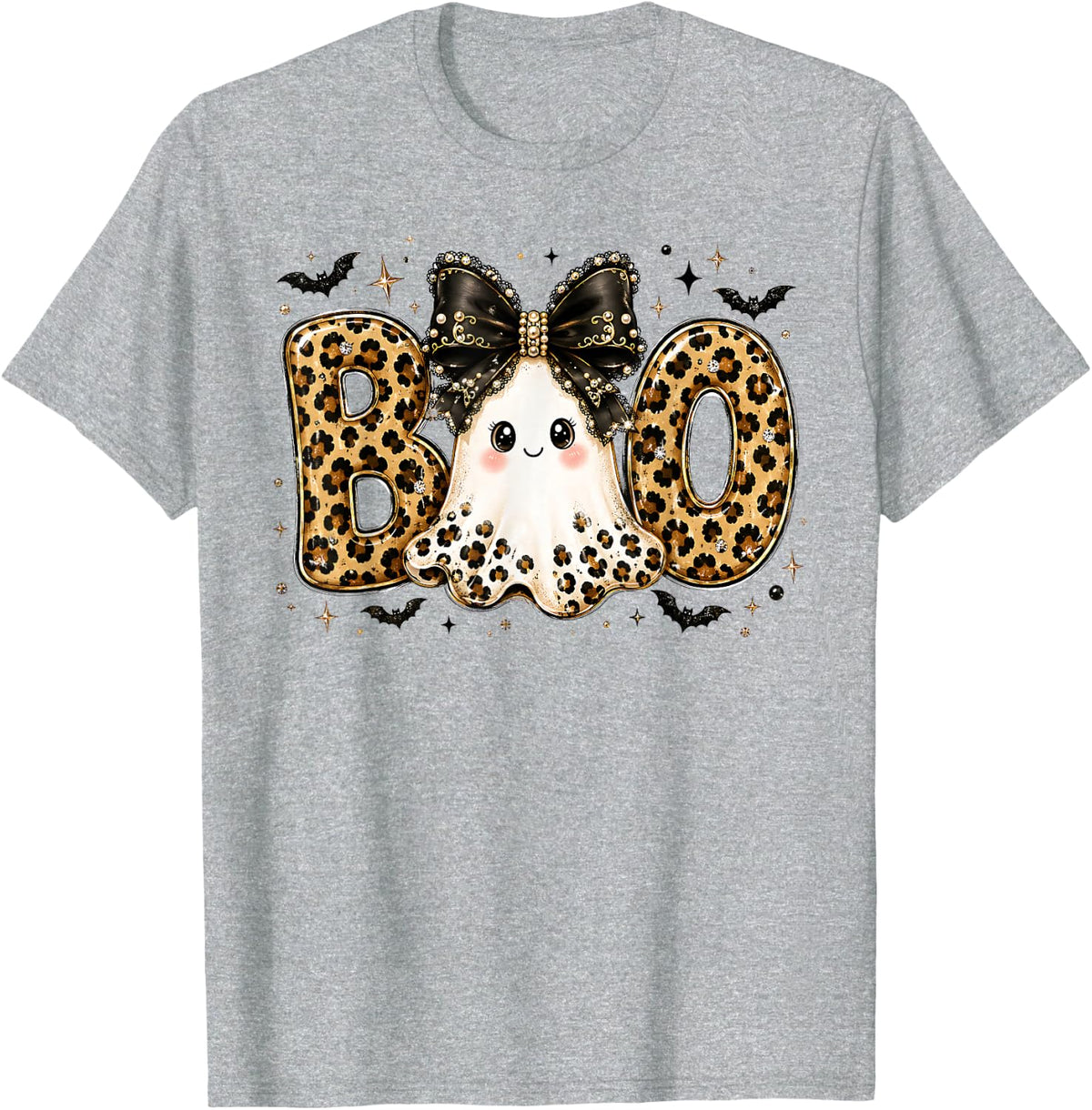 Coquette Bow Leopard Ghost Boo Cute Fall Halloween Girls T-Shirt - Heather Grey