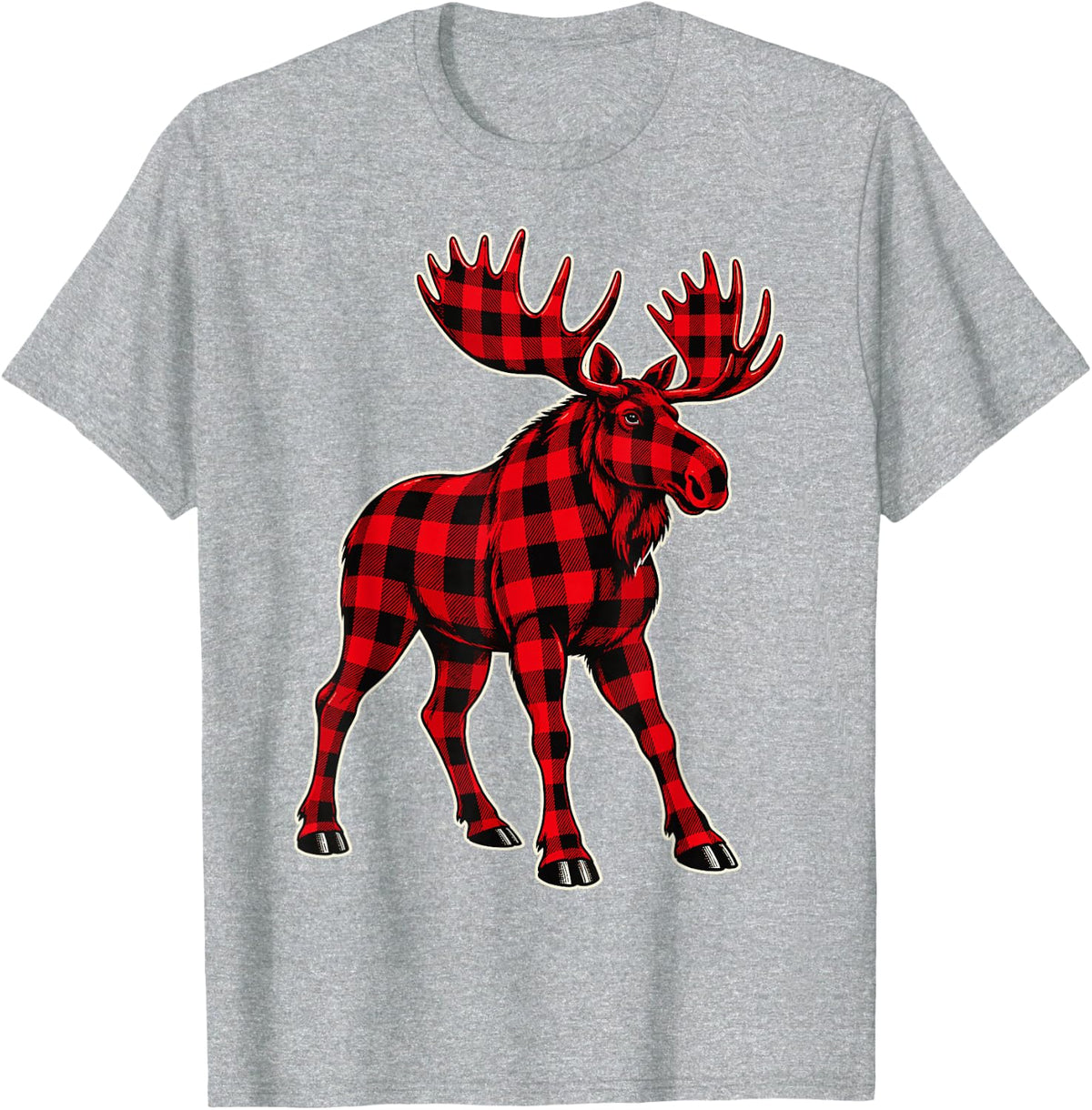 Moose Red Plaid Buffalo Check Holiday Artwork T-Shirt - Heather Grey