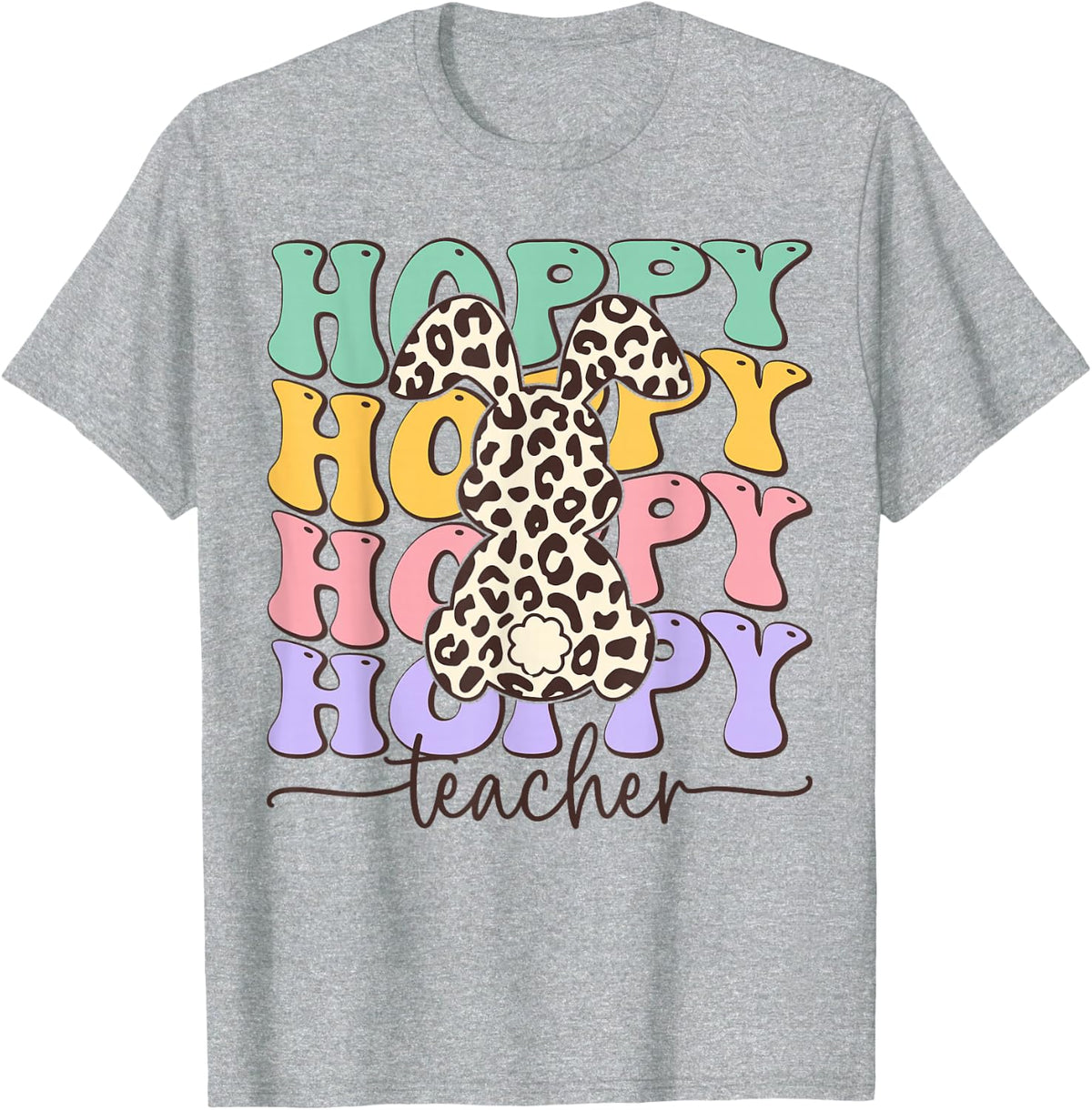 One Hoppy Teacher Groovy Leopard Happy Easter T-Shirt - Heather Grey