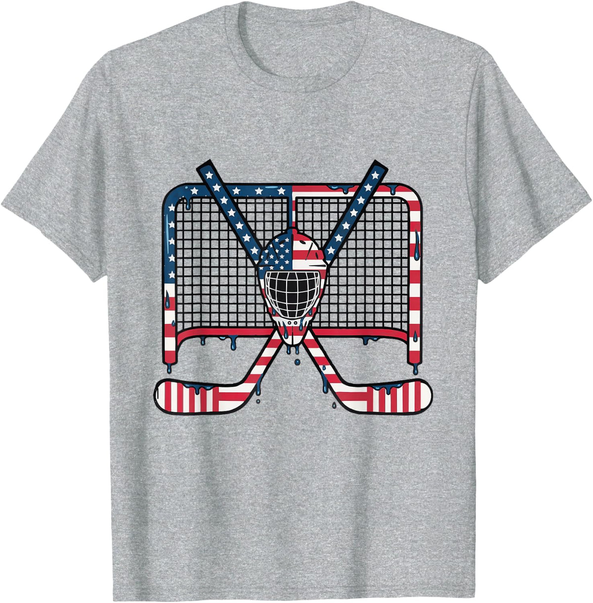 Ice Hockey Drip Goalie Field American Flag Boys Youth Men T-Shirt - Heather Grey