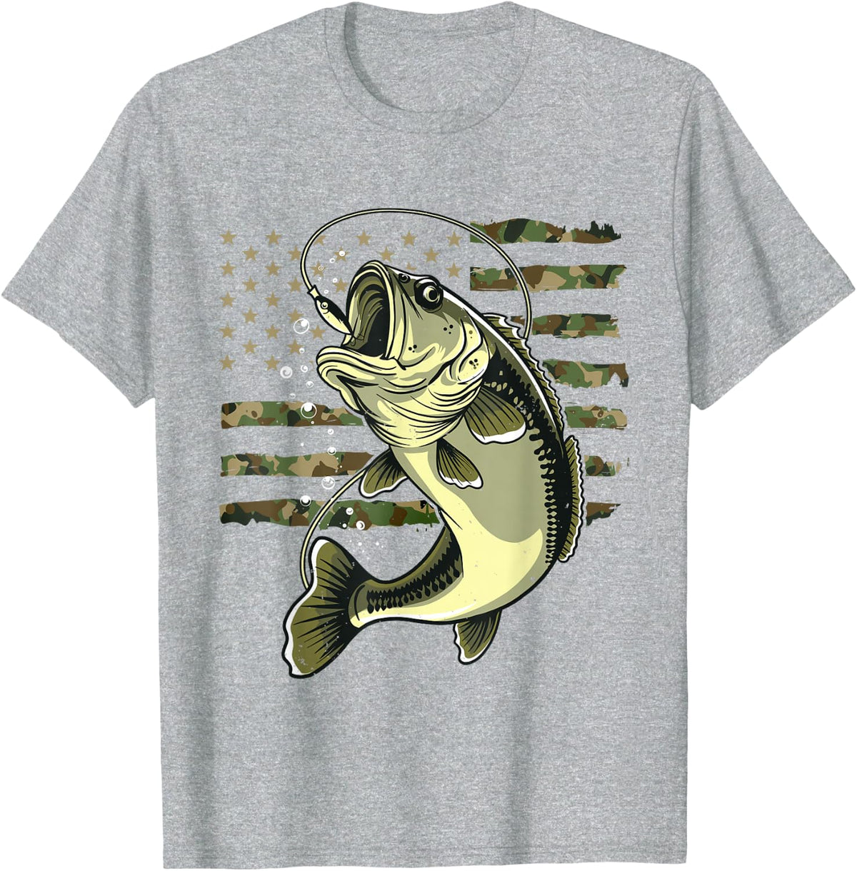 Bass Fish Fishing USA American Flag Camouflage Fisherman T-Shirt - Heather Grey