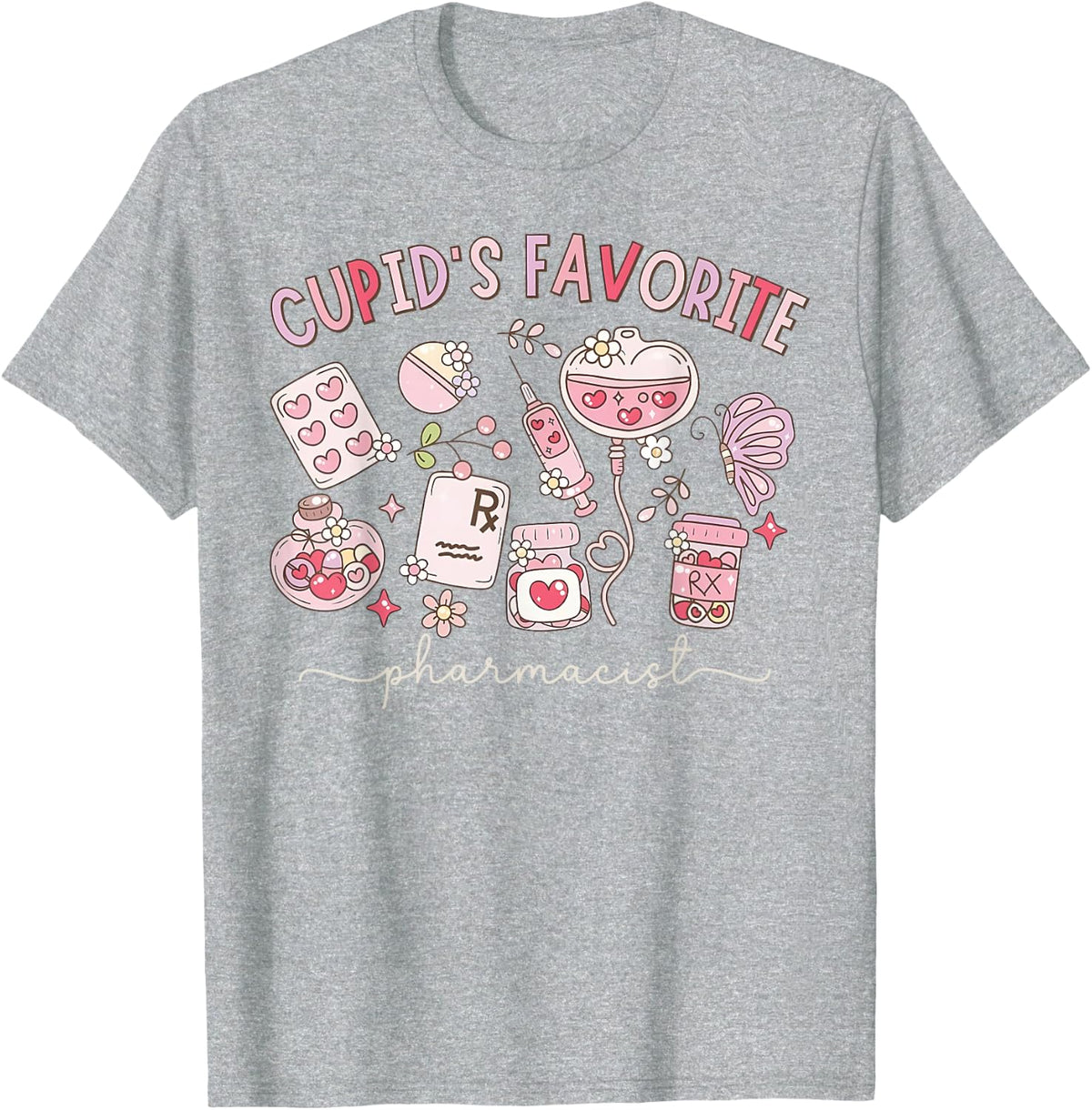 Cupid's Favorite Pharmacist Valentines Day PharmD Pharmacy T-Shirt - Heather Grey