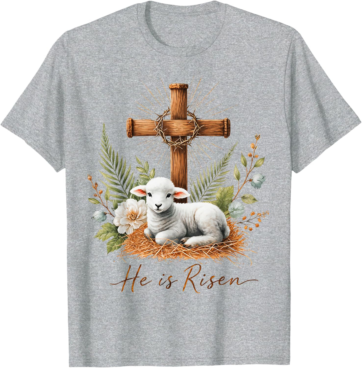 True Easter He is Risen Lamb Crown of Thorn Cross Palm Jesus T-Shirt - Heather Grey