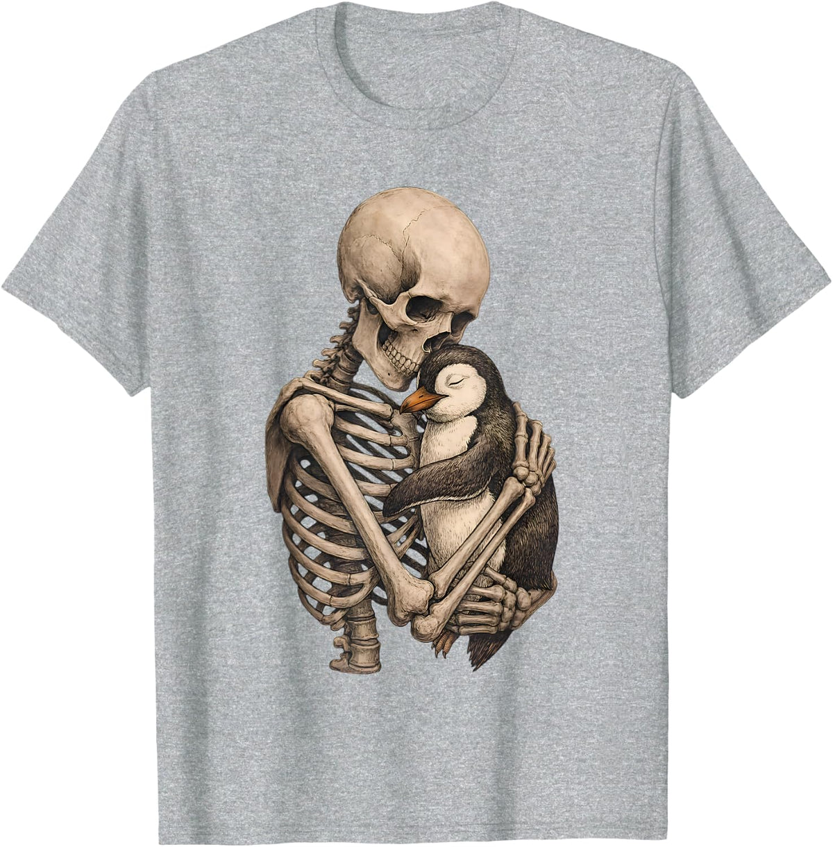 Skeleton Hugging Penguin Spooky Cute Gothic Art Hug T-Shirt - Heather Grey