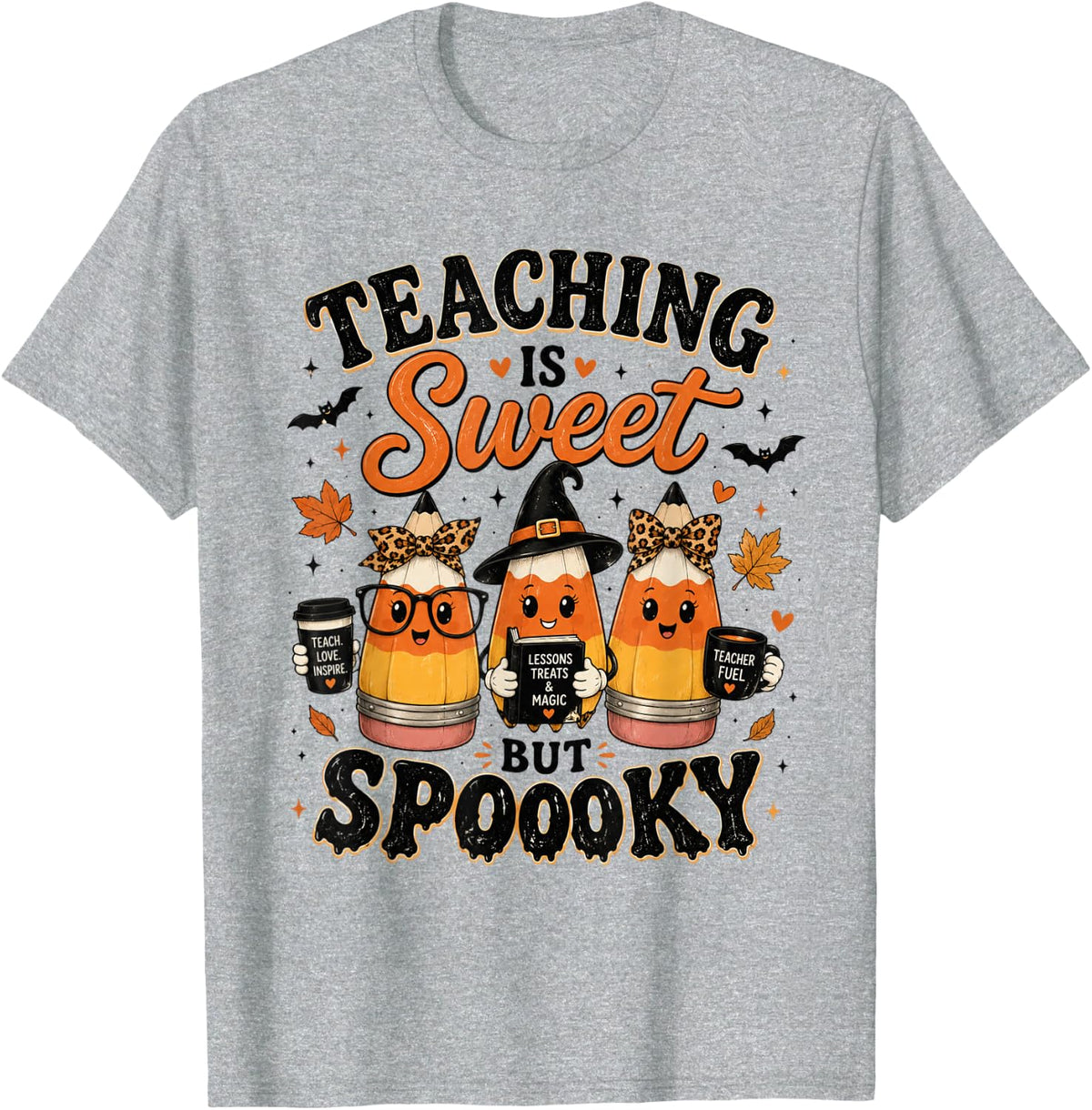 Teaching is Sweet Spooky Teacher Halloween Candy Corn T-Shirt - Heather Grey
