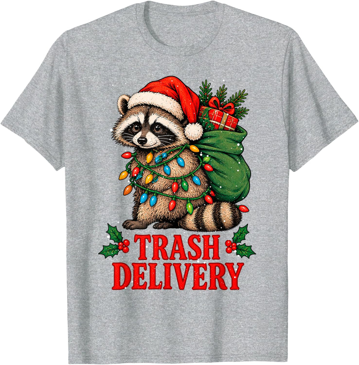 Raccoon Trash Delivery Christmas Lights Santa’s Hat T-Shirt - Heather Grey